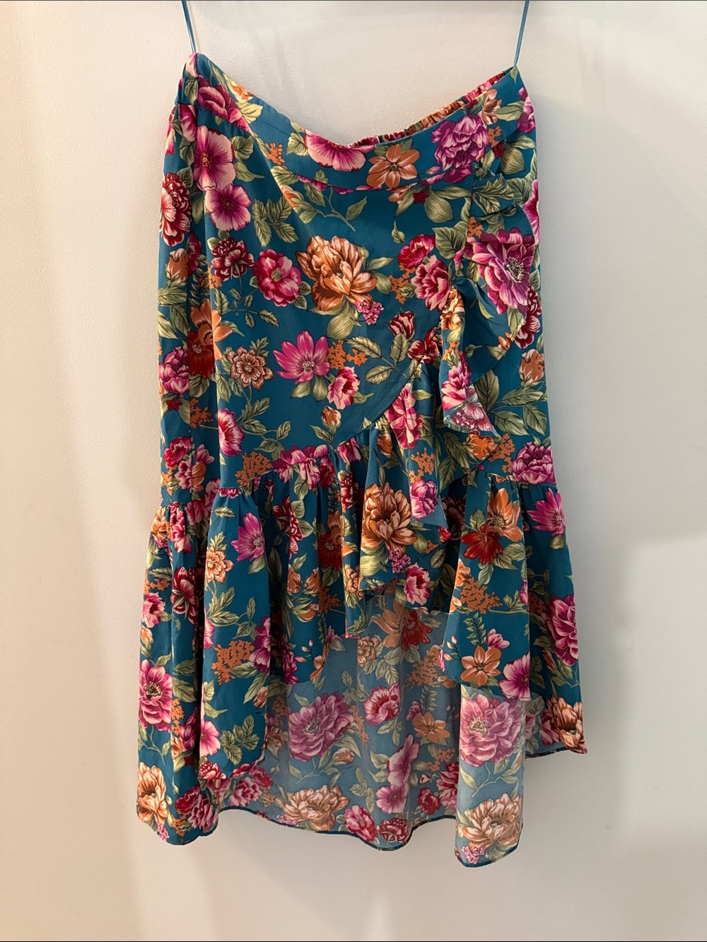 Teal Floral Ruffle Midi Skirt, M